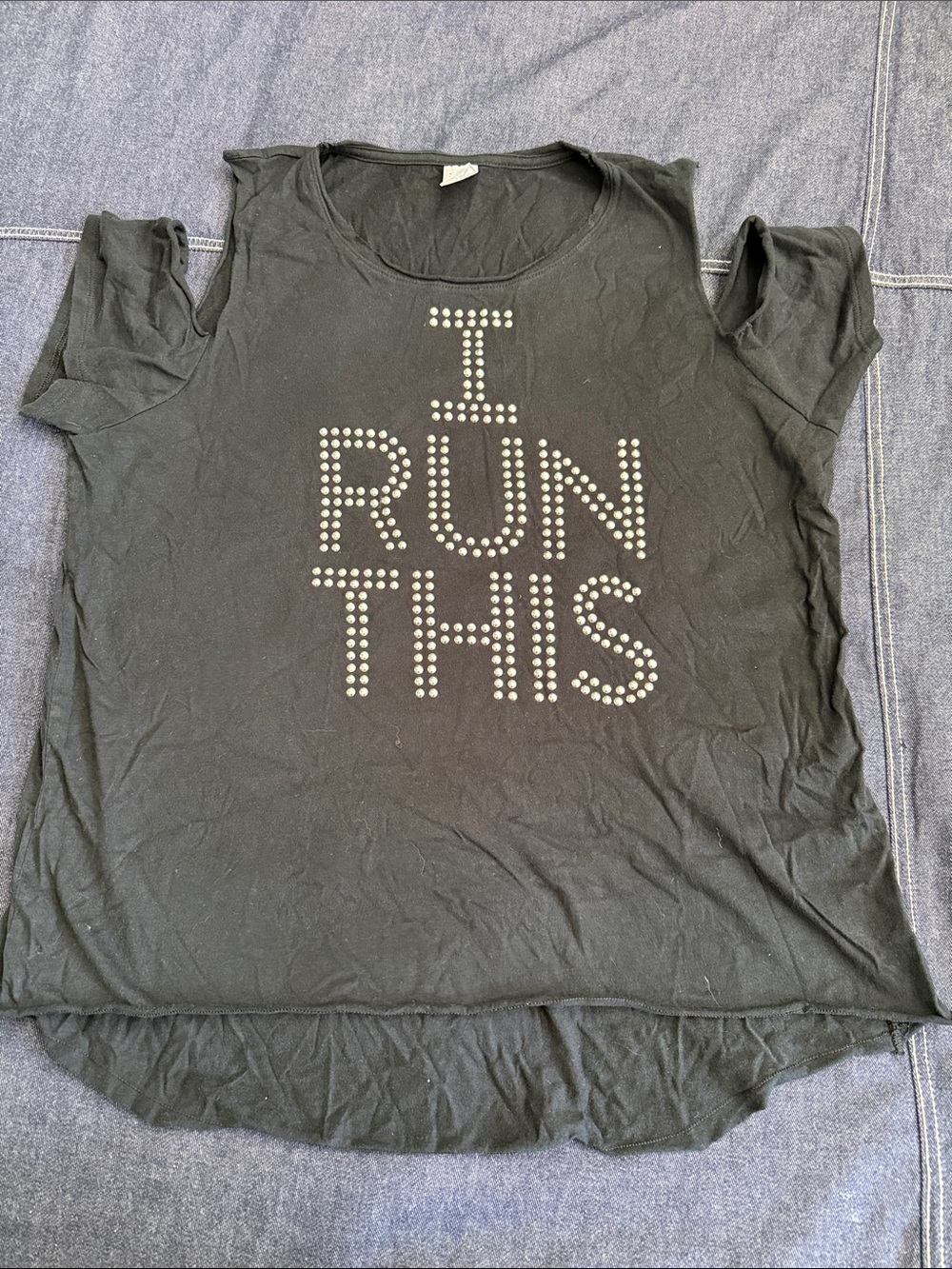 I RUN THIS Black Studded Cold-Shoulder Women's Top